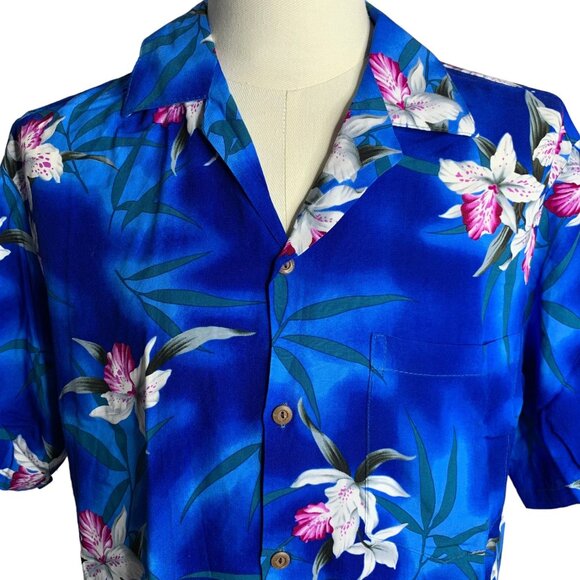 Vintage 90s Two Palms Hawaiian Camp Shirt M Blue Floral Button Up Short Sleeve - Picture 2 of 6